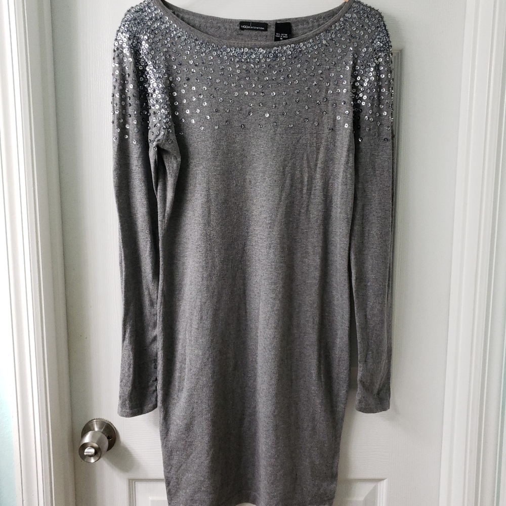Moda International Gray Sweater Sequined Dress